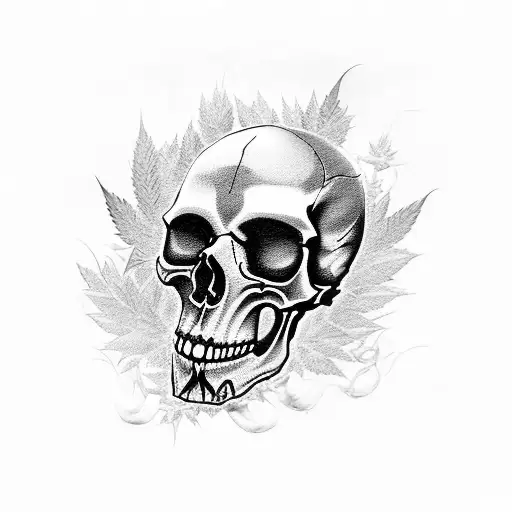 A Black And Grey Tattoo Of A Skull Made Up Of Marijuana Leaves And Racing Flags