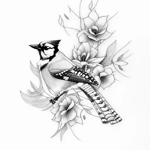 Blue Jay Bird With October Flowers
