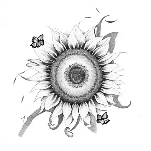 Sunflower With Butterflies And Greenery