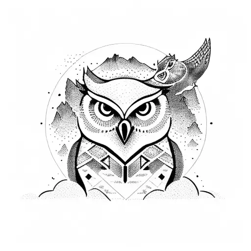 Hunting Owl Perched On A Mountain Peak In A Dotwork Style