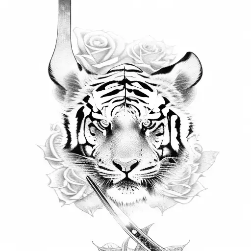 Samurai Sword With Roses And Tiger