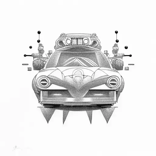 Design A Dotwork Tattoo Of A Futuristic Car Merging With A School Bus