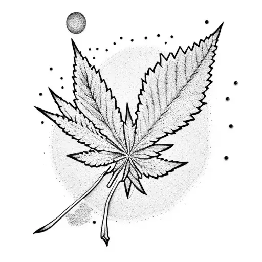 A Dotwork Tattoo Of A Cannabis Leaf Surrounded By A Serene Sunset Landscape