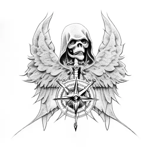 A Grim Reaper With Bird Wings As His Robe And A Compass As Its Heart