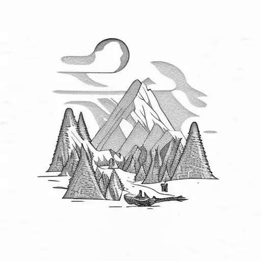 Hunting Scene With Mountains In A Dotwork Style
