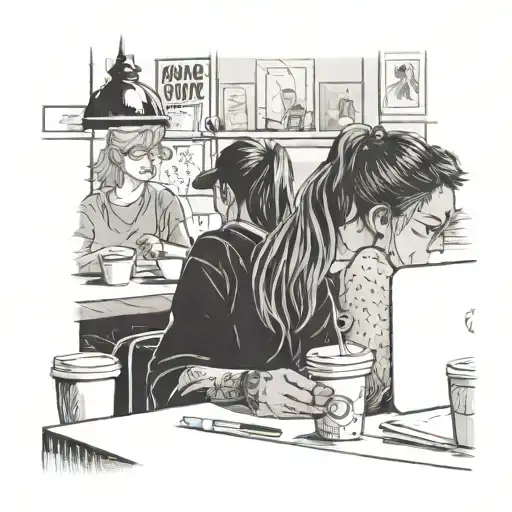 A Coffee Shop Scene With Students Studying And Anime Posters On The Walls