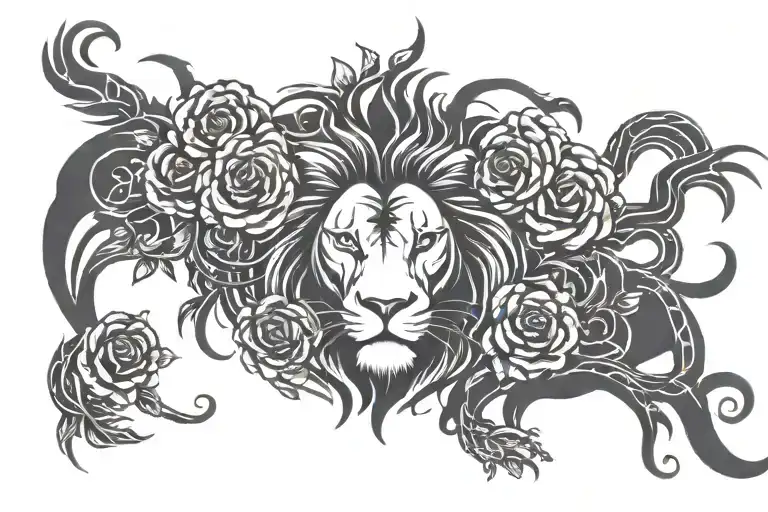 Tribal Lion With Roses And Tree Roots Reaching Deep