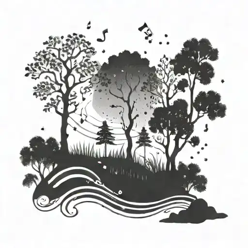 A Mystical Forest Landscape With Music Notes Falling Like Rain And Stars Shining Above