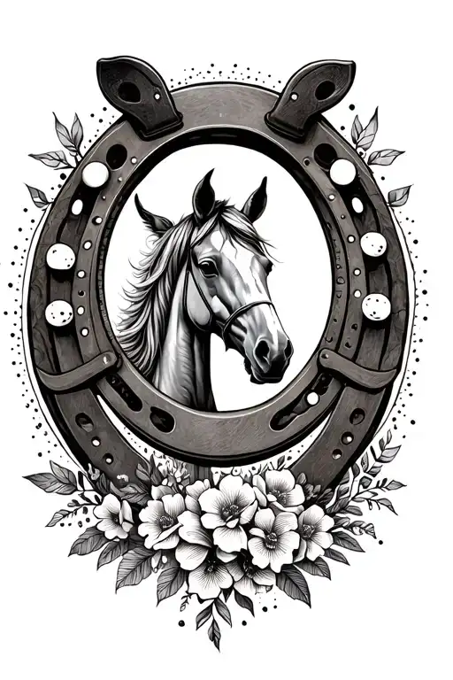 A Dotwork Tattoo Of A Horseshoe Surrounded By Spurs And Delicate Floral Elements