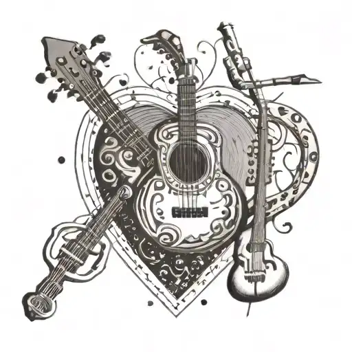 A Heart-shaped Sunset With Musical Instruments Intertwined In The Design