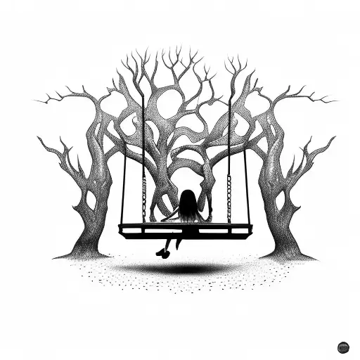 A Scary Girl Sitting On A Swing Near The Tree