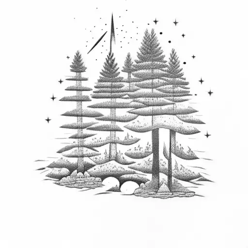 A Dotwork Tattoo Of A Pine Forest Landscape With A Shooting Star Above
