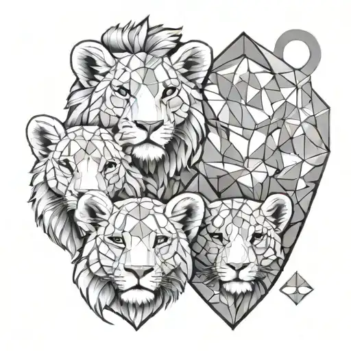 Lionel And Two Lion Cubs In Geometric With Heart Stars
