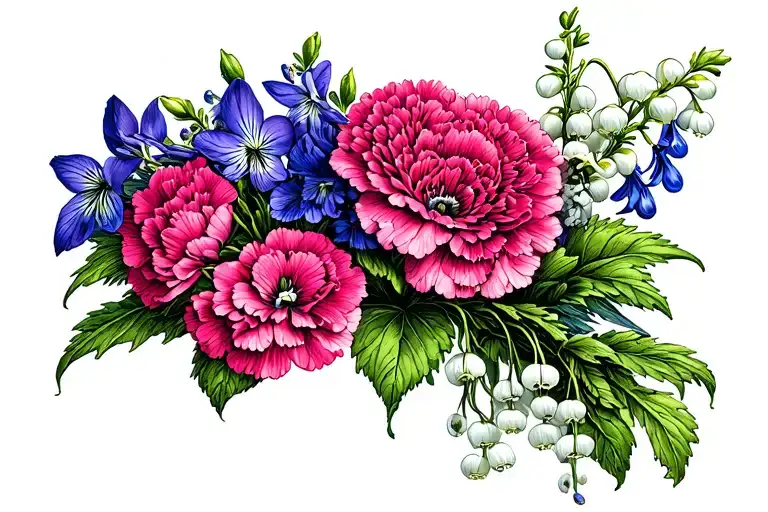 A Bouquet With Pink Carnations Violets Lily Of The Valley And Delphiniums