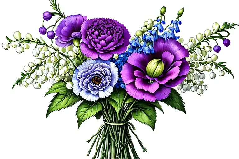 A Bouquet Carnations Violets Lily Of The Valley And Delphiniums