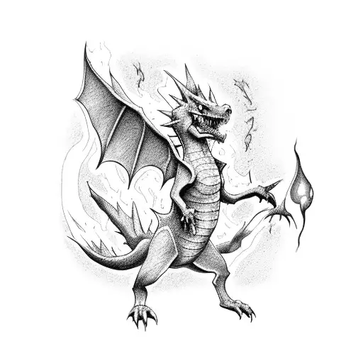 An Intricate Dotwork Tattoo Of A Charizard Breathing Fire