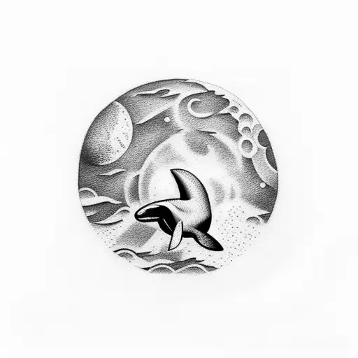 A Dotwork Tattoo Of A Majestic Orca Leaping Over A Moonlit Planet