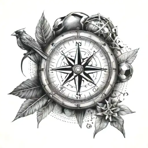 A Compass Rose With Musical Notes And Sports Gear As The Cardinal Directions