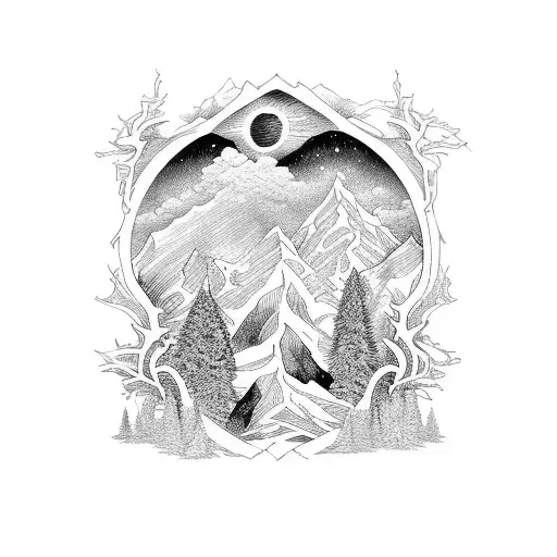 A Cross-shaped Window Frame Adorned With Intricate Forest And Mountain Designs