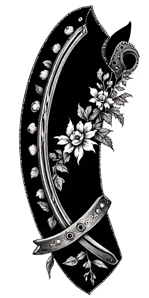 A Dotwork Tattoo Of A Horseshoe Surrounded By Spurs And Delicate Floral Elements
