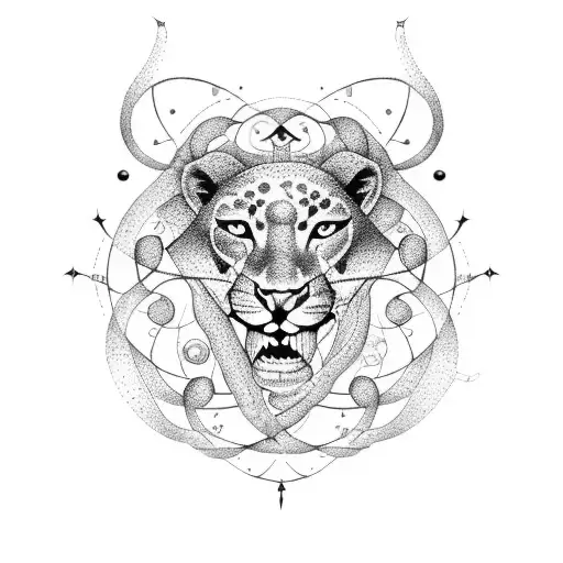 A Leo And Cancer Zodiac Symbol Entangled In A Dotwork Vine Design