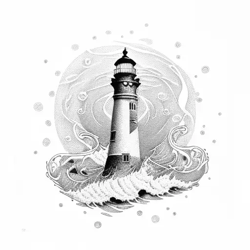 An Intricate Dotwork Design Of A Lighthouse Surrounded By Swirling Waves