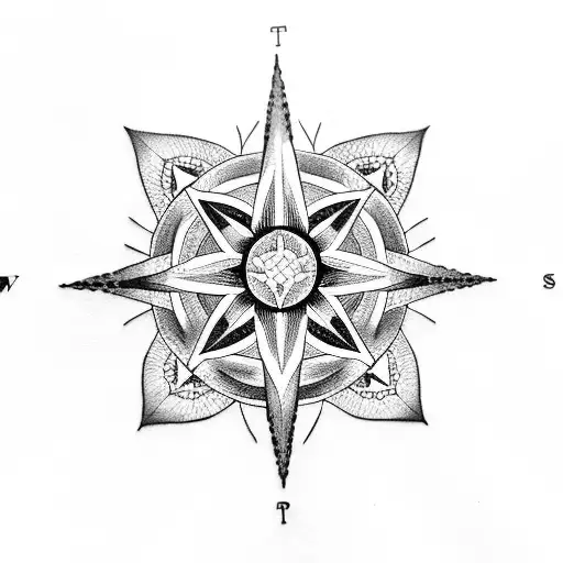 A Dotwork Tattoo Featuring A Compass Rose With Intricate Flower Of Life Petals