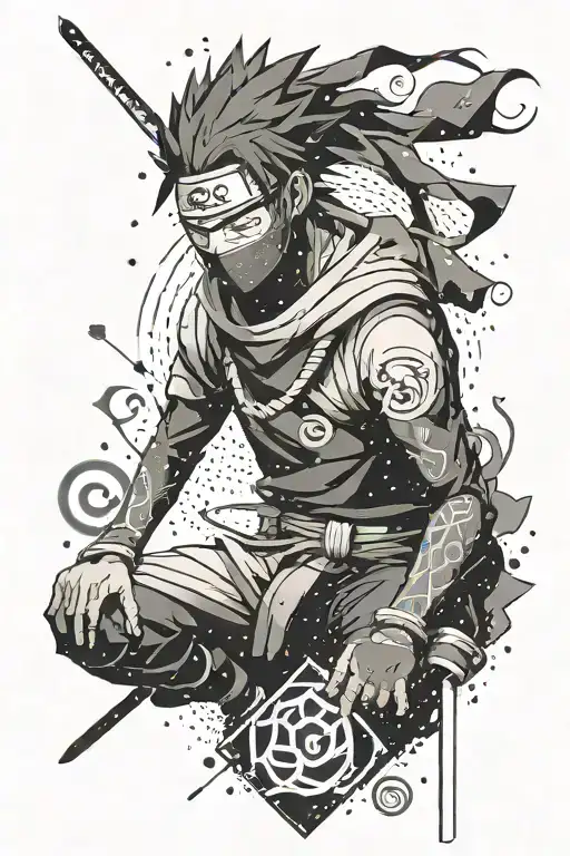 Incorporate The Naruto Village Symbol With A Ninja Silhouette In A Dotwork Style