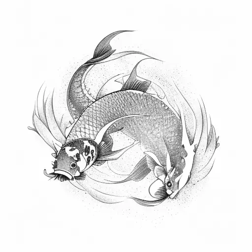 Koi Fish Swimming In Water That Turns Into A Japanese Dragon Wrapping Around A Cherry Blossom