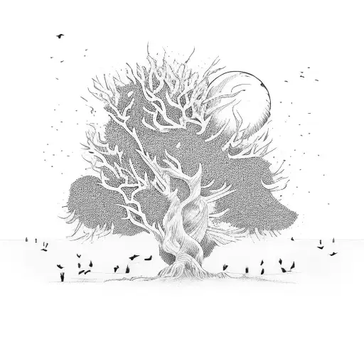 Dead Tree With Flock Of Birds Flying Out