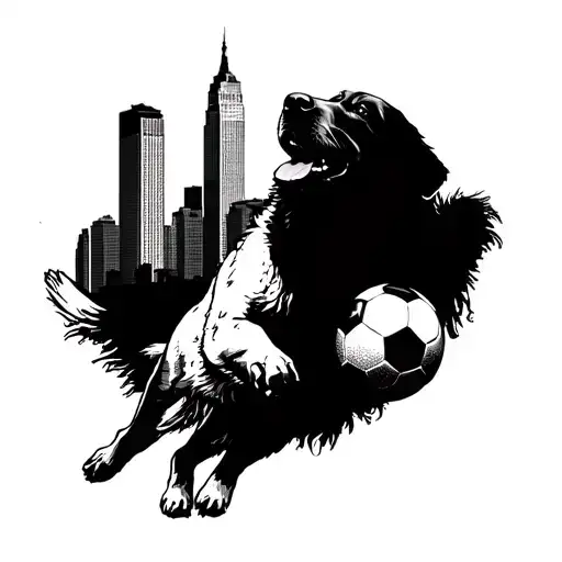 Golden Retriever Playing Soccer With A Chicago Skyline In The Background