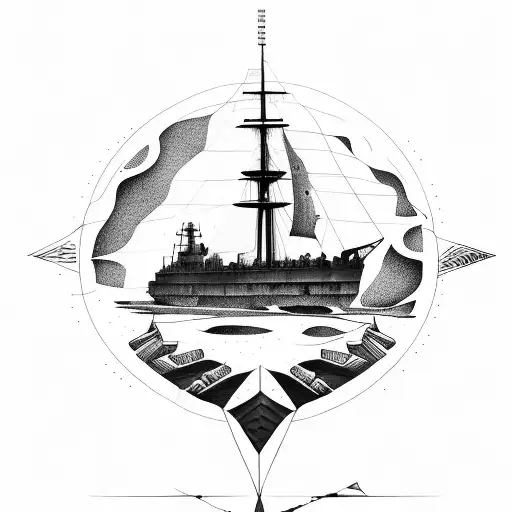 Warship At Night Fog Insight A Compas With The Map Of Greece