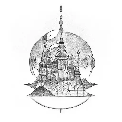 A Dotwork Tattoo Featuring A Post-modern Interpretation Of A Famous Travel Destination
