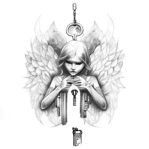 Fallen Angel Surrounded By Locks And Keys