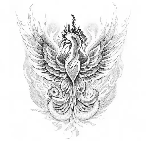 A Dotwork Tattoo Of A Phoenix Rising From The Ashes With Snakes Intertwined