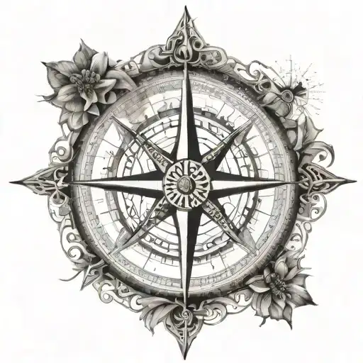 An Intricate Dotwork Tattoo Of A Compass Rose With Musical Symbols As The Cardinal Directions