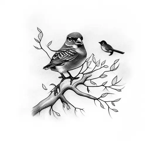 Bird Family Of 5 On A Branch