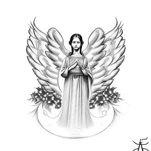 An Angelic Dotwork Tattoo Of Angel Wings Surrounding A Portrait Of A Beloved Family Member