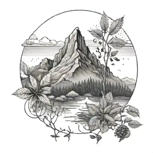 A Dotwork Tattoo Of A Mountain Range With Hidden Cannabis Plants And Mushrooms