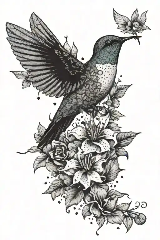 Hummingbird With Assorted Plants And Flower Growing