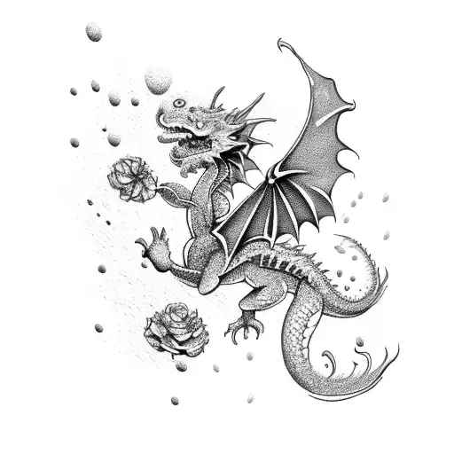 A Dotwork Dragon With Marigolds Petals Falling Around It