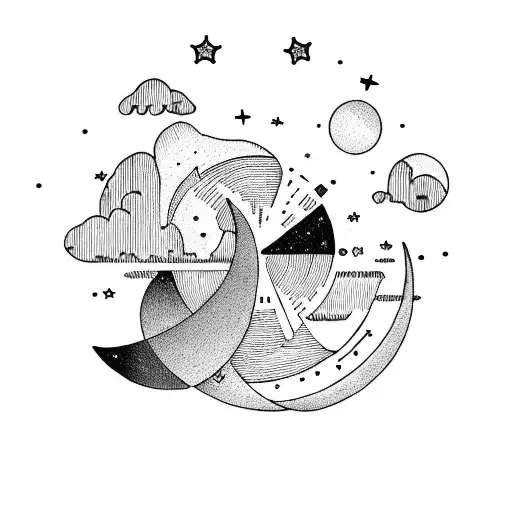 A Dotwork Illustration Of A Peaceful Night Sky With The Gemini Constellation And A Crescent Moon