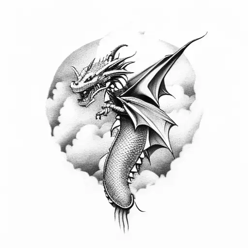 A Dragon With Skeletal Wings Soaring Through The Clouds