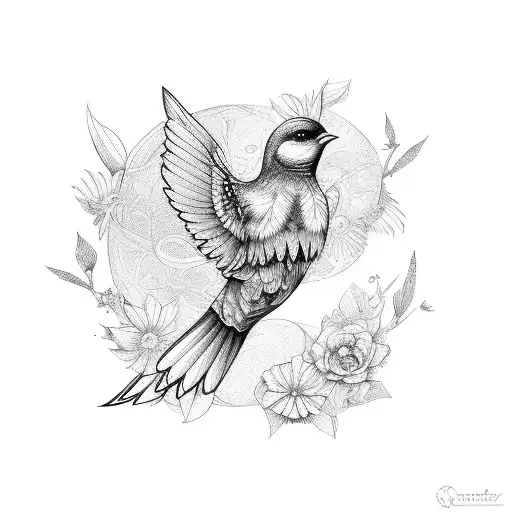 Bird Spreading Its Wings With Flowers Around It