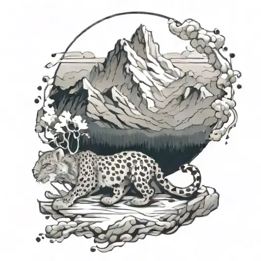 A Mountain Range With Hidden Snow Leopards Peeking Out