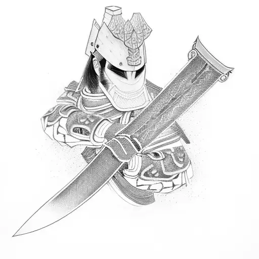 Samurai Looking To The Side And Down With Sword