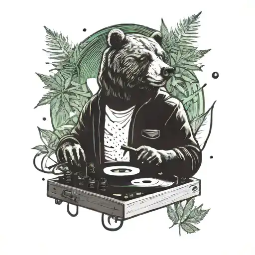 A Bear Dj Spinning Vinyl Records With Cannabis Plants Growing In The Background