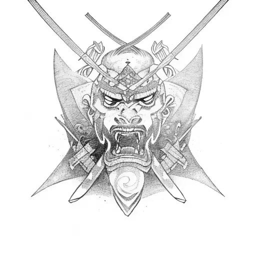 Samurai Holding 2 Daggers In Hand With Swords On Back With Dragon Behind It