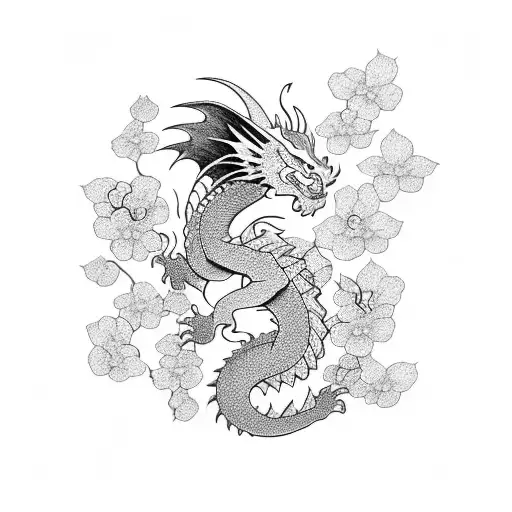 A Dragon With Cherry Blossoms In A Pagoda