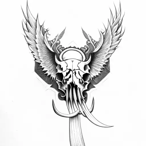 Hog Skull With Tusk Surrounded By Large Angle Wings